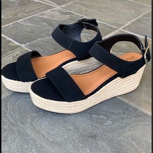 Black Open Toe Ankle Strap Espadrille Wedge